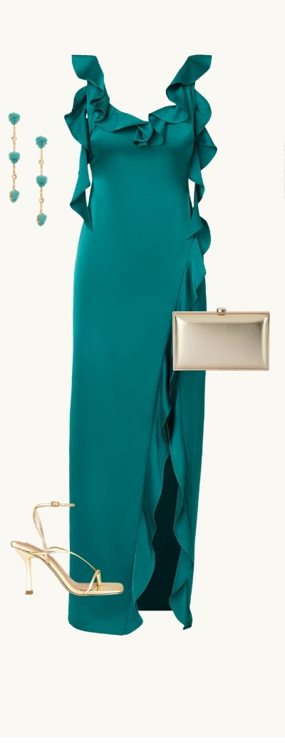 Stretch Satin Ruffle Long Dress In Deep Emerald