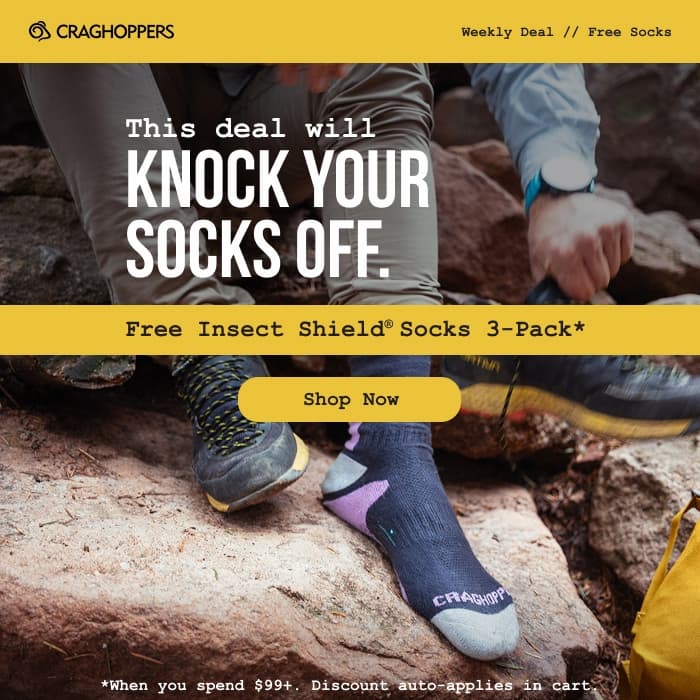 Photo of a man putting shoes on while wearing Insect Shield Socks. This deal will knock your socks off. Free Insect Shield Socks 3-Pack when you spend $99.