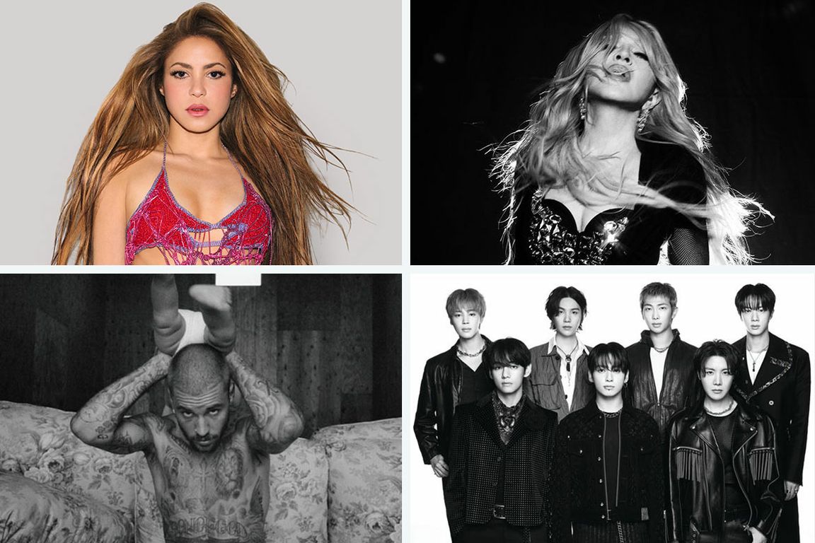 Four-photo collage featuring Shakira, Madonna, Justin Bieber, and BTS in promotional portraits.