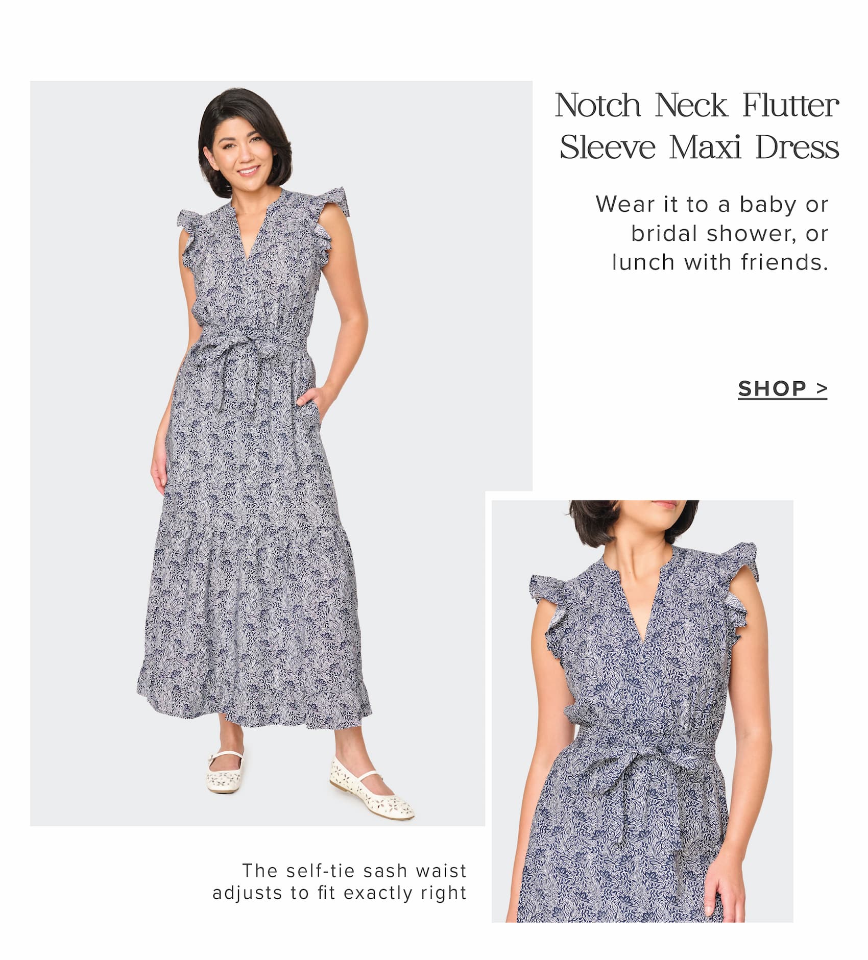 Notch Neck Flutter Sleeve Maxi Dress