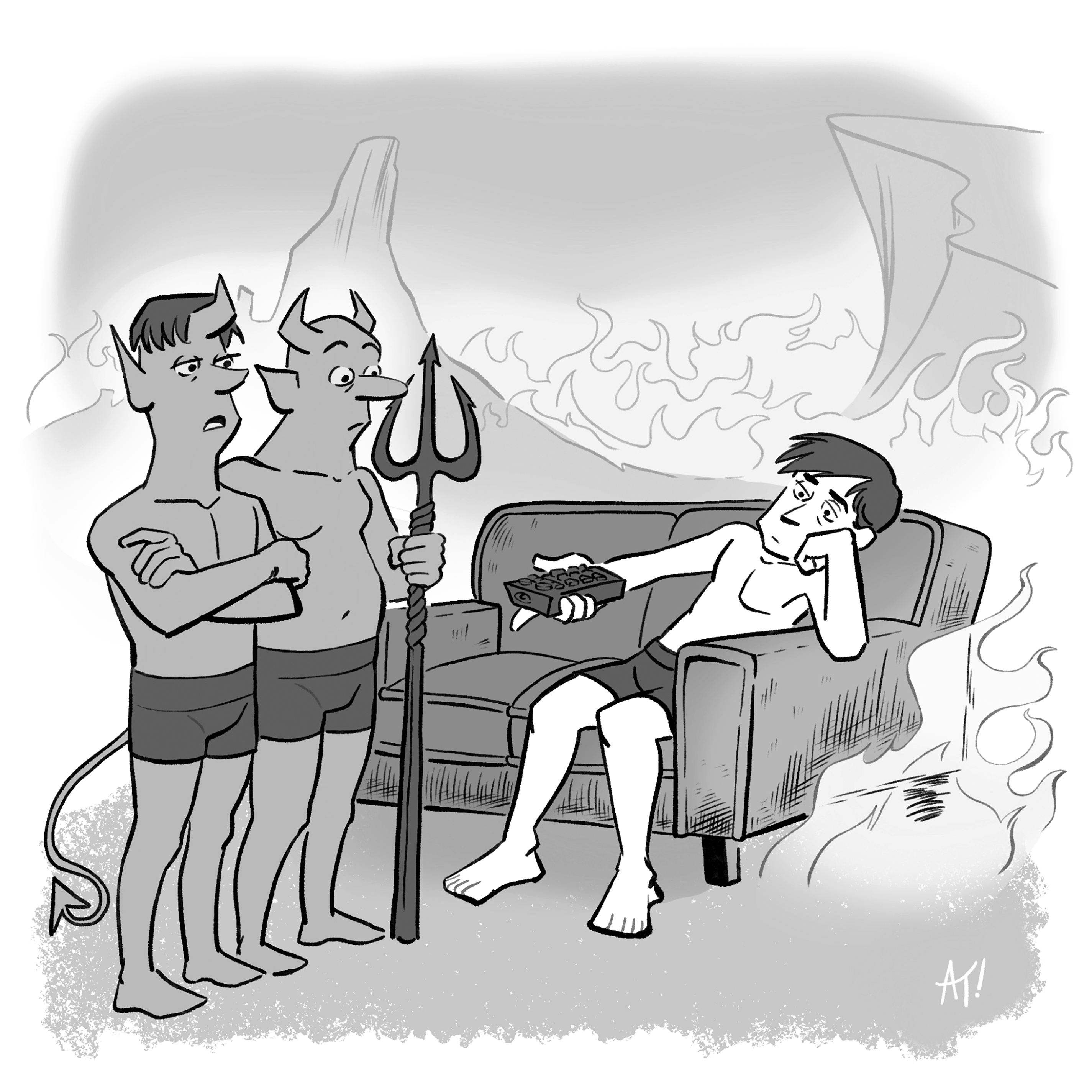 Two devils looking at a man on a couch in hell.