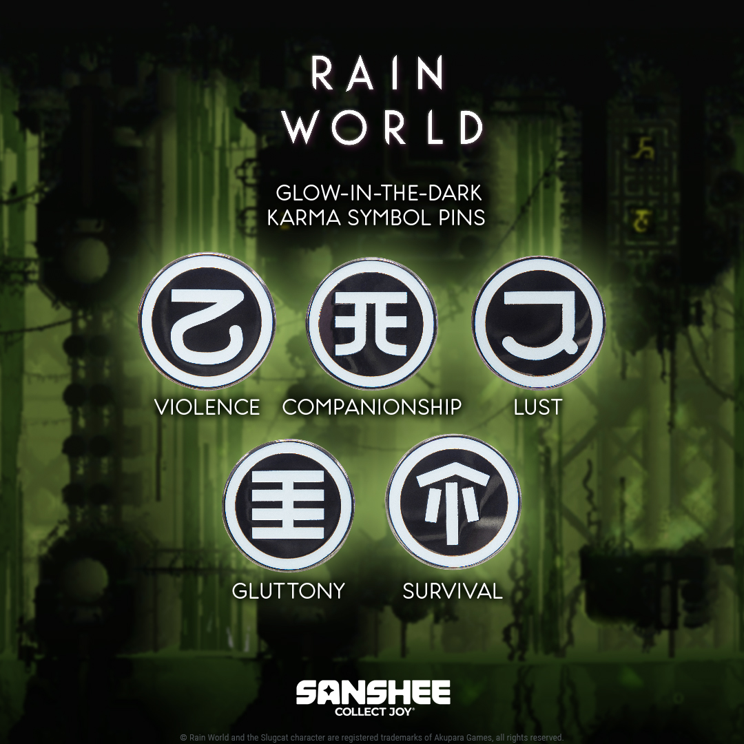 Rain World Glow in the dark Karma Symbol Pins. There are five pins: Violence, Companionship, Lust, Gluttony, and Survival.