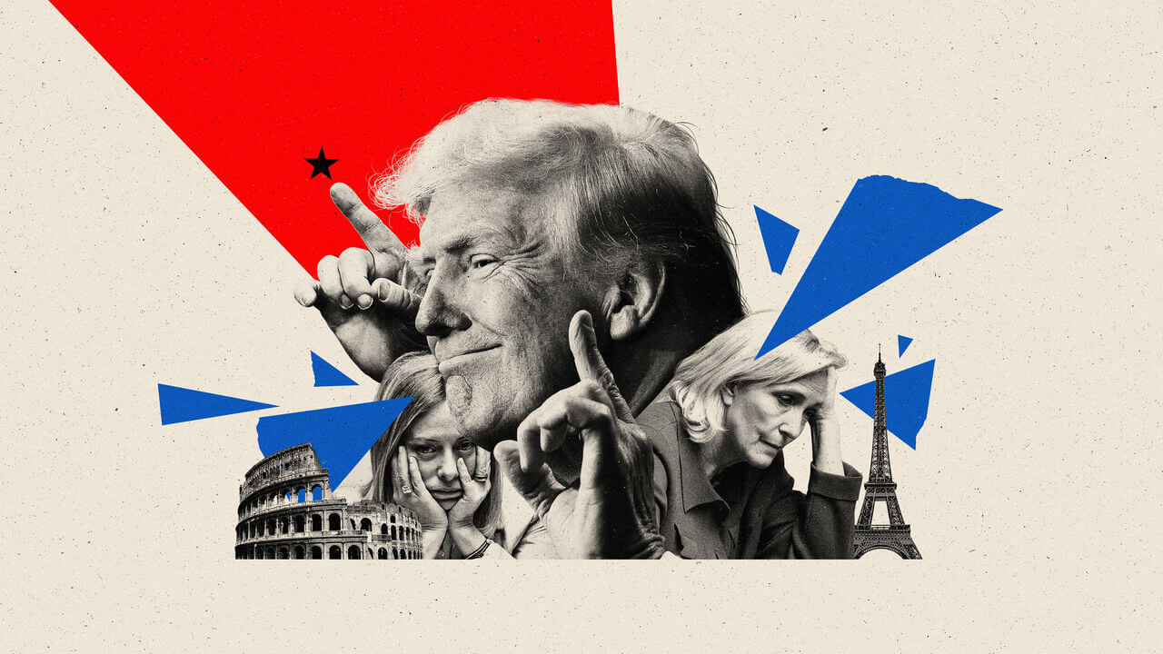 Photomontage illustration of Georgia Meloni and Marine Le Pen looking despondent with a happy Donald Trump in the middle