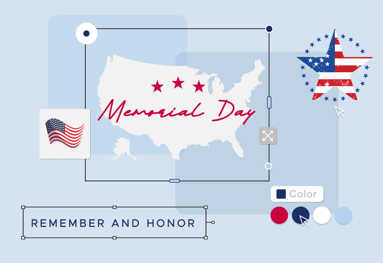 A graphic design editor interface showing a Memorial Day themed banner with a white U.S. map silhouette, three red stars, cursive “Memorial Day” text, a waving American flag graphic, and the phrase “REMEMBER AND HONOR” on a pale blue background with editable selection boxes and color controls.