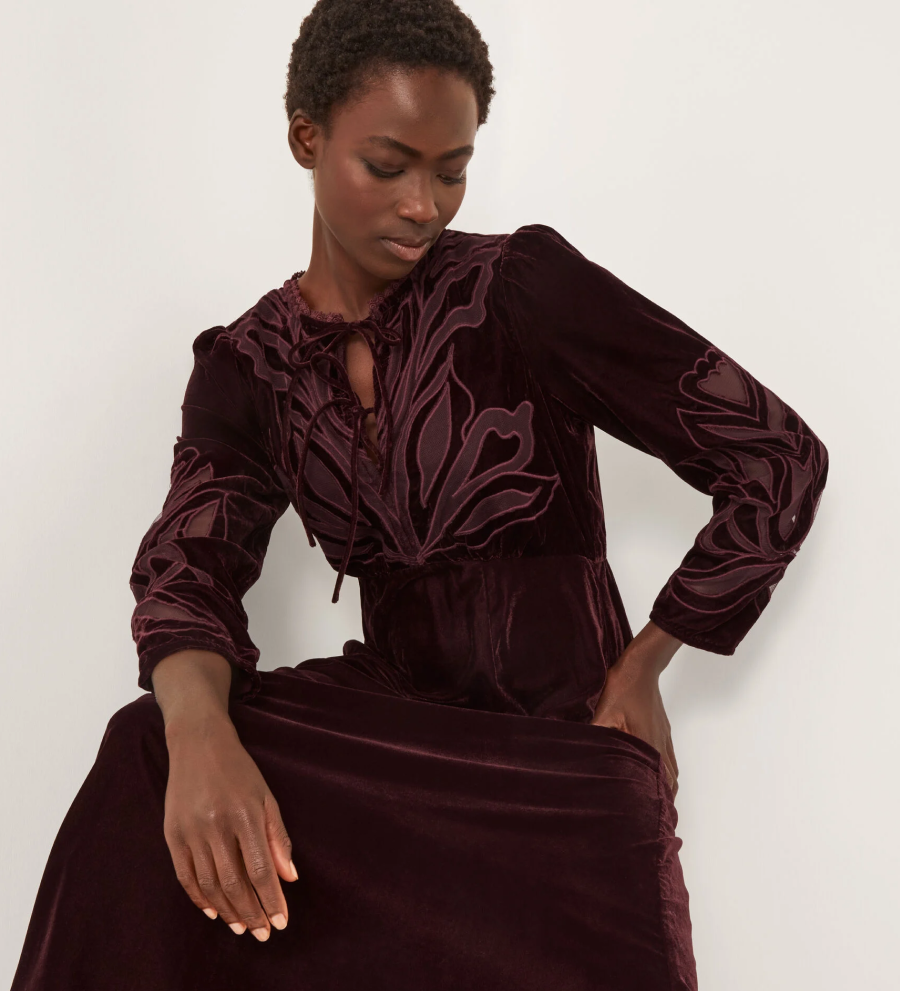 Ezra Embroidered Velvet Midi Dress Purple