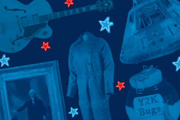 Collage of objects from across the Smithsonian including Chuck Berry's guitar, the George Washington Lansdowne Portrait, the Apollo 11 Command Module, Amelia Earhart's Flight Suit, and a ceramic jar with cork containing plastic Y2K bugs 