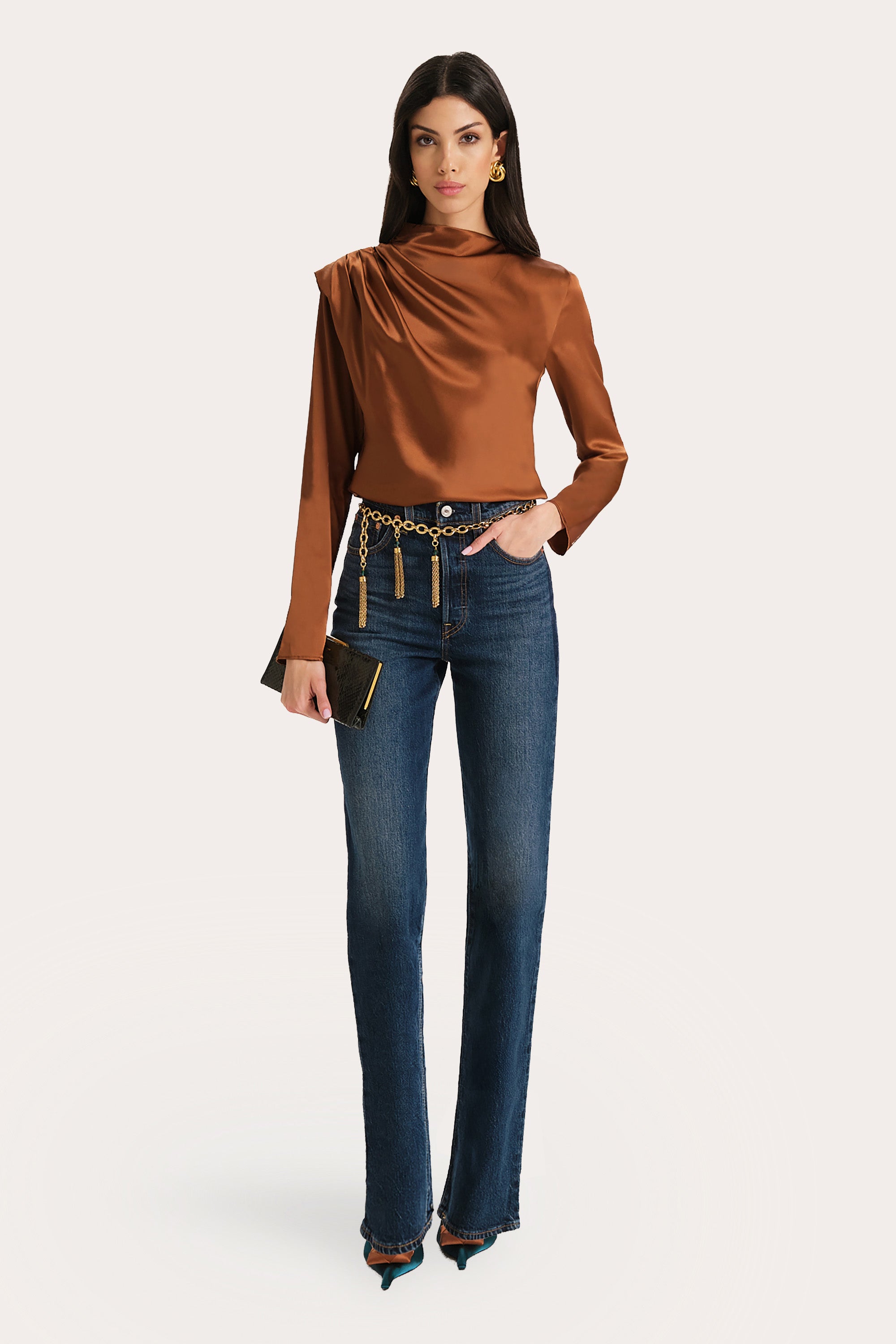 Image of Leah Silk Charmeuse Ruched Long Sleeve Shirt