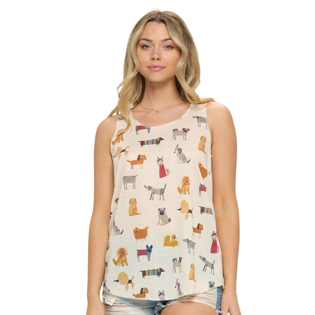 Image of Cartoon Dogs Print Tank Top Cream