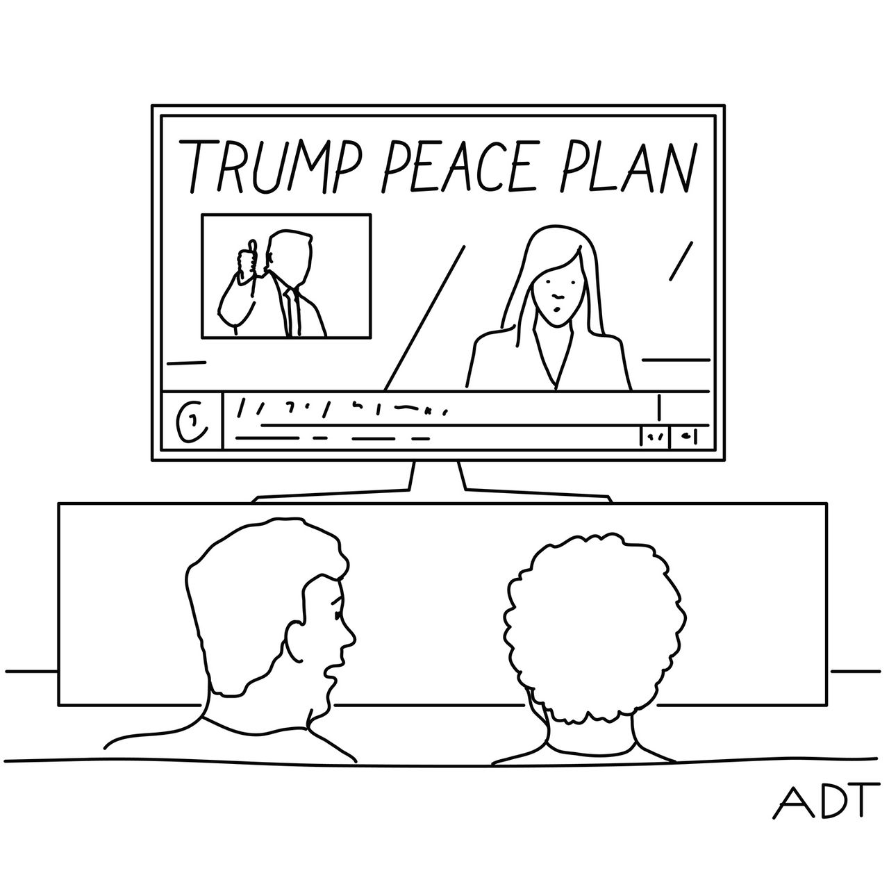 Two people are watching a newscast on television captioned “Trump’s Peace Plan.”