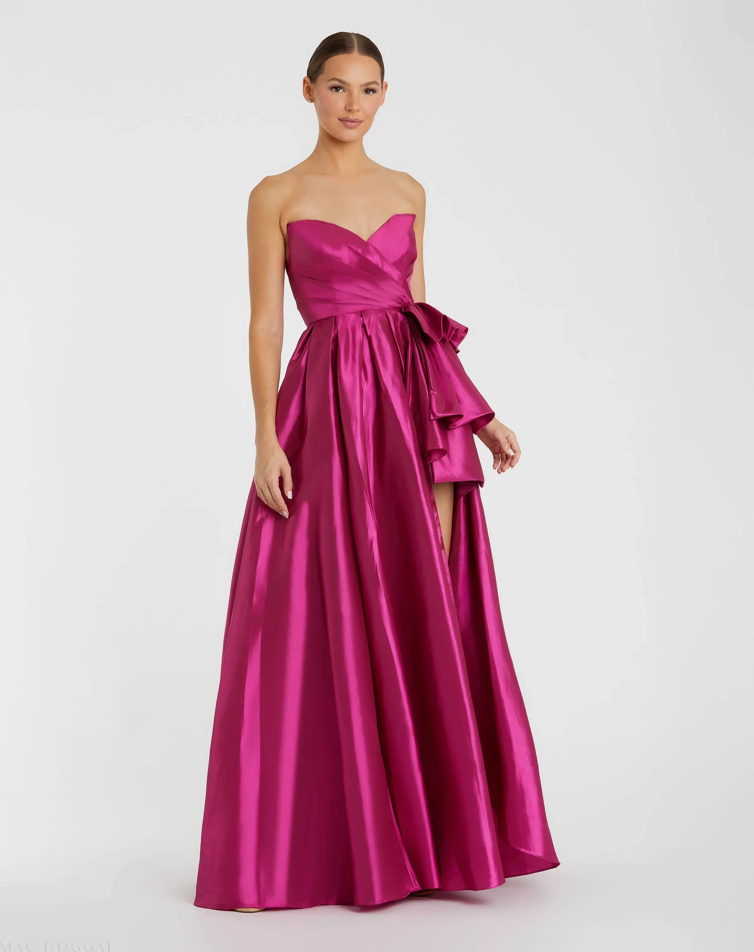 Image of Pink Strapless Taffeta Gown with Ruffles and Slit