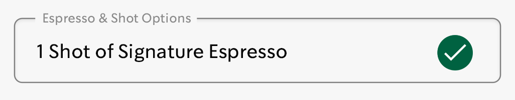 A GIF of a dropdown field from the Starbucks app customization screen shows three customizations: 1 shot of Signature Espresso, Add Brown Sugar Cream Cold Foam, and Add Dark Caramel Sauce.
