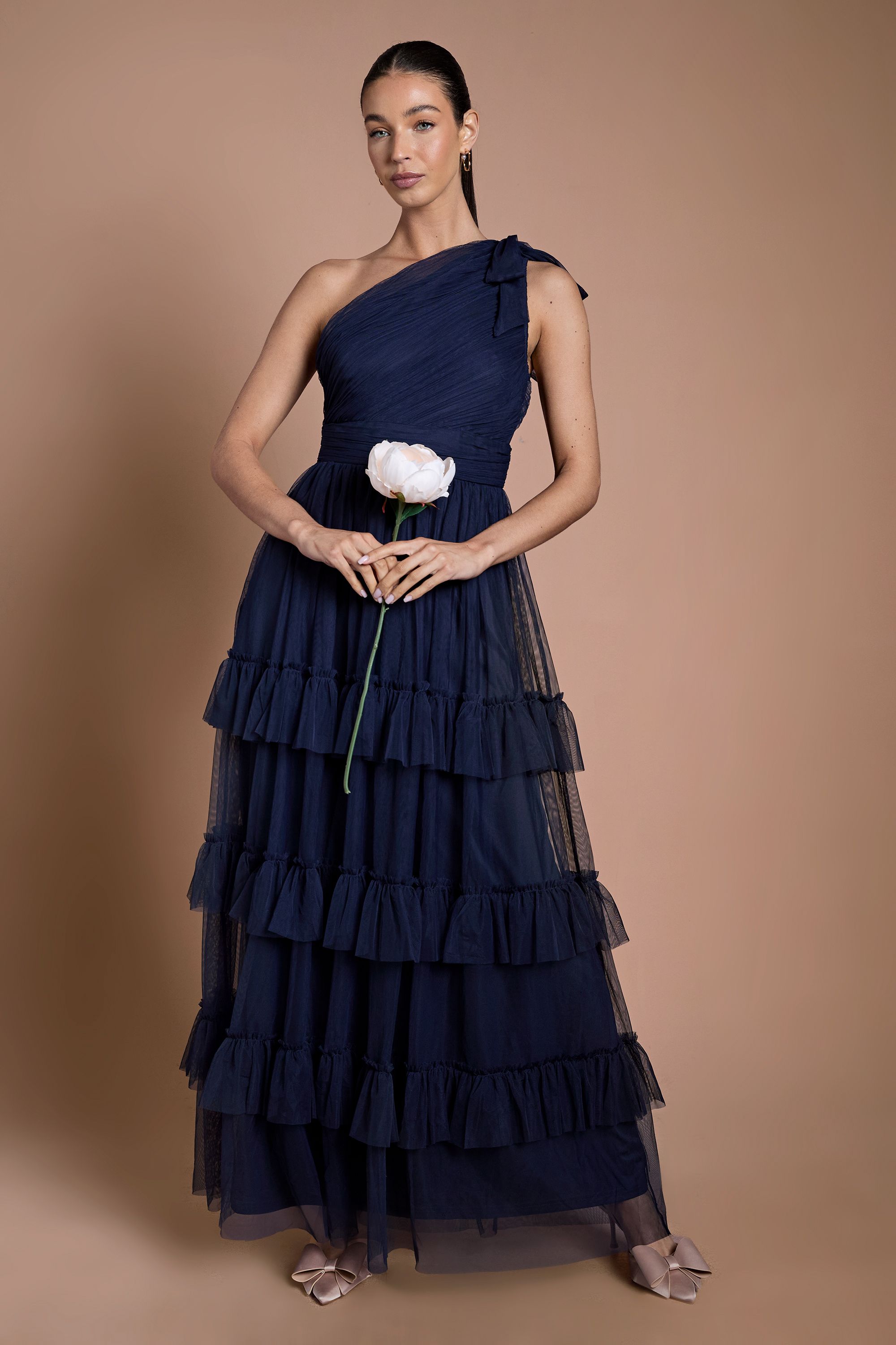 Navy Pleated Mesh One Shoulder Tiered Maxi Bridesmaid Maxi Dress