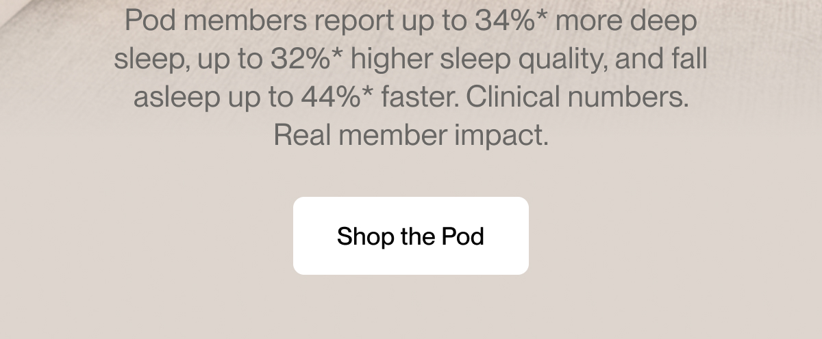 Pod members report up to 34%* more deep sleep, up to 32%* higher sleep quality, and fall asleep up to 44%* faster. Clinical numbers. Real member impact.