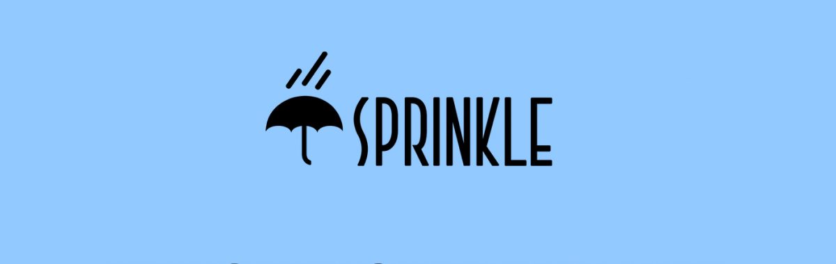 Logo featuring the word 'Sprinkle' with an umbrella and raindrops on a blue background.