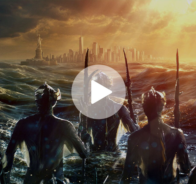 Thumbnail for the trailer for The War Between the Land and the Sea, a group of Homo-Aqua stide through the sea to a human city in the distance