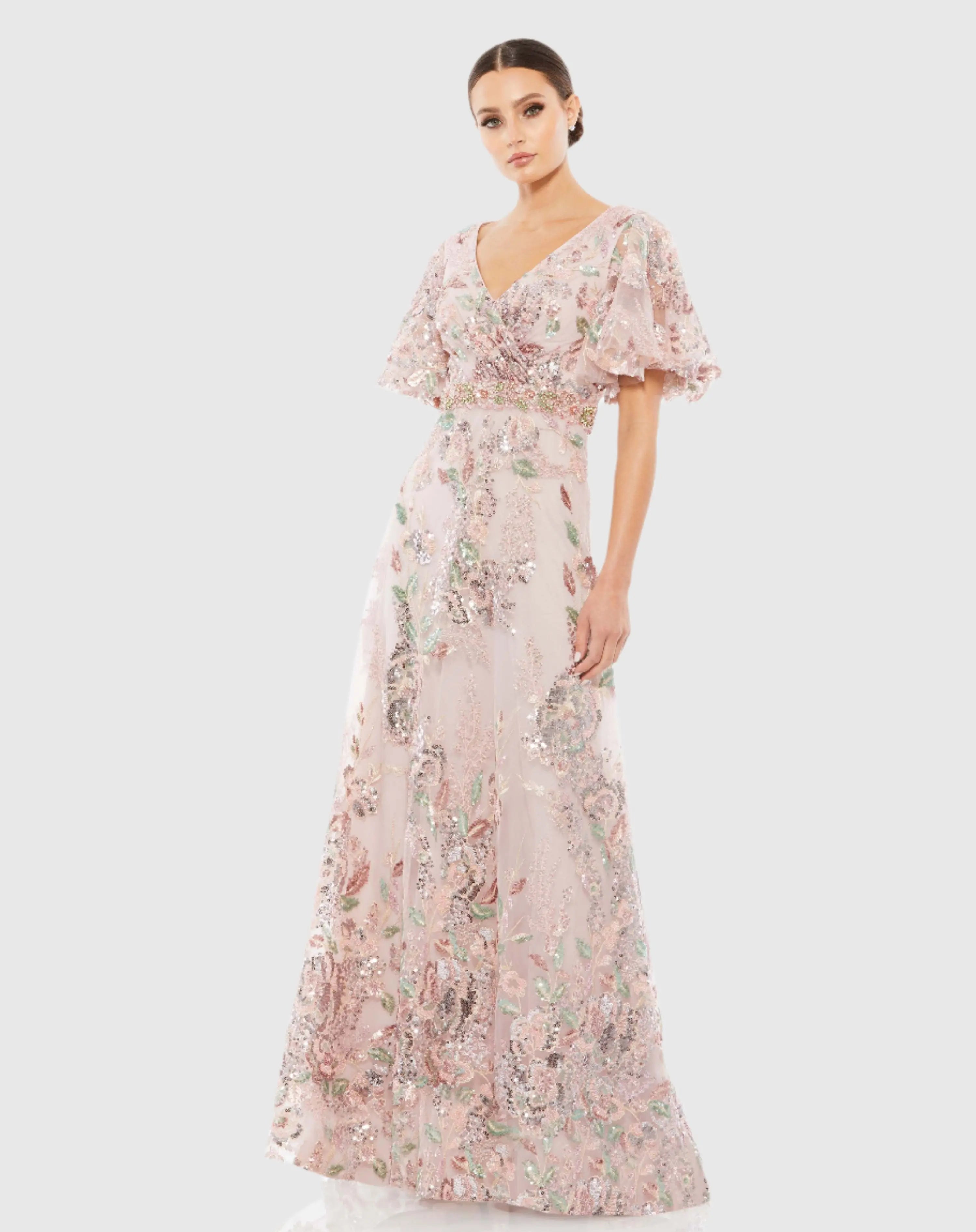 Image of Pink Floral Embellished Short Sleeve Gown