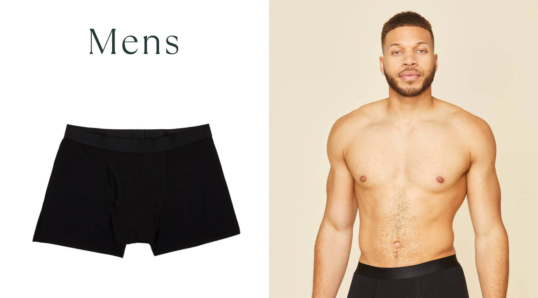 Model wearing Subset's black boxer. Text: Mens. 