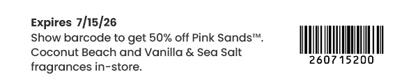 Text states coupon expires 7/15/26 and gives 50 percent off select fragrances. Barcode and number shown.