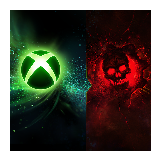 A swirling XBOX shield logo juxtaposed alongside the Gears of War skull logo.