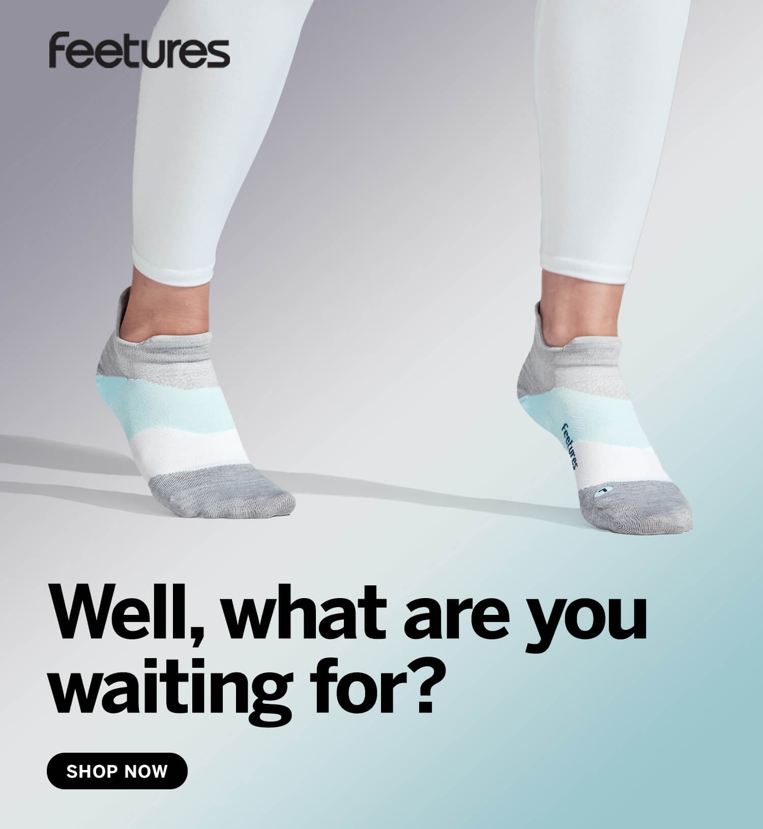 Girl wearing Elite tab socks in light blue, white, and gray. What are you waiting for? Shop now.