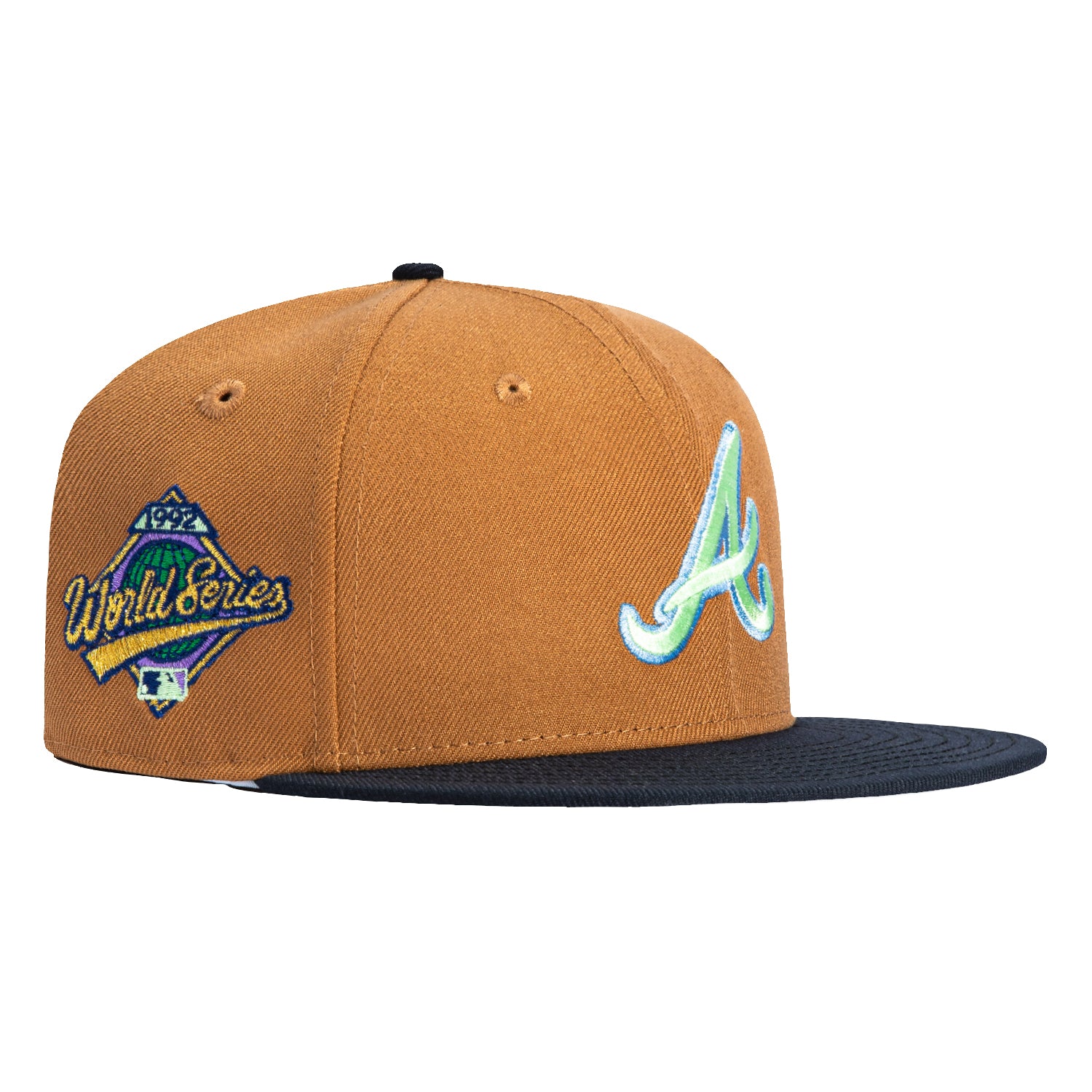 Image of New Era 59Fifty Salt Water Taffy Atlanta Braves 1995 World Series Patch Hat - Khaki, Navy