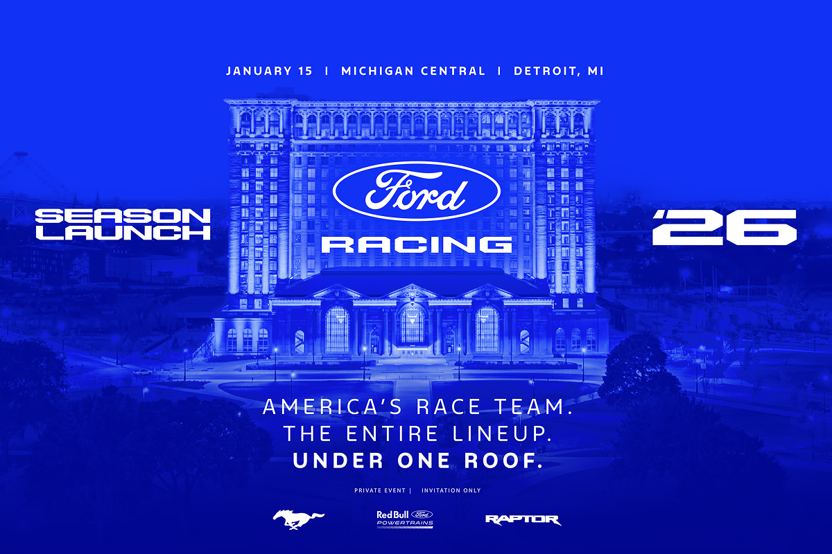An image of a building with the words: January 15 Michigan Central Detroit, MI Season Launch &rsquo;26 America&rsquo;s Race Team. The Entire Lineup. Under One Roof. And with the Ford Racing logo in the center.