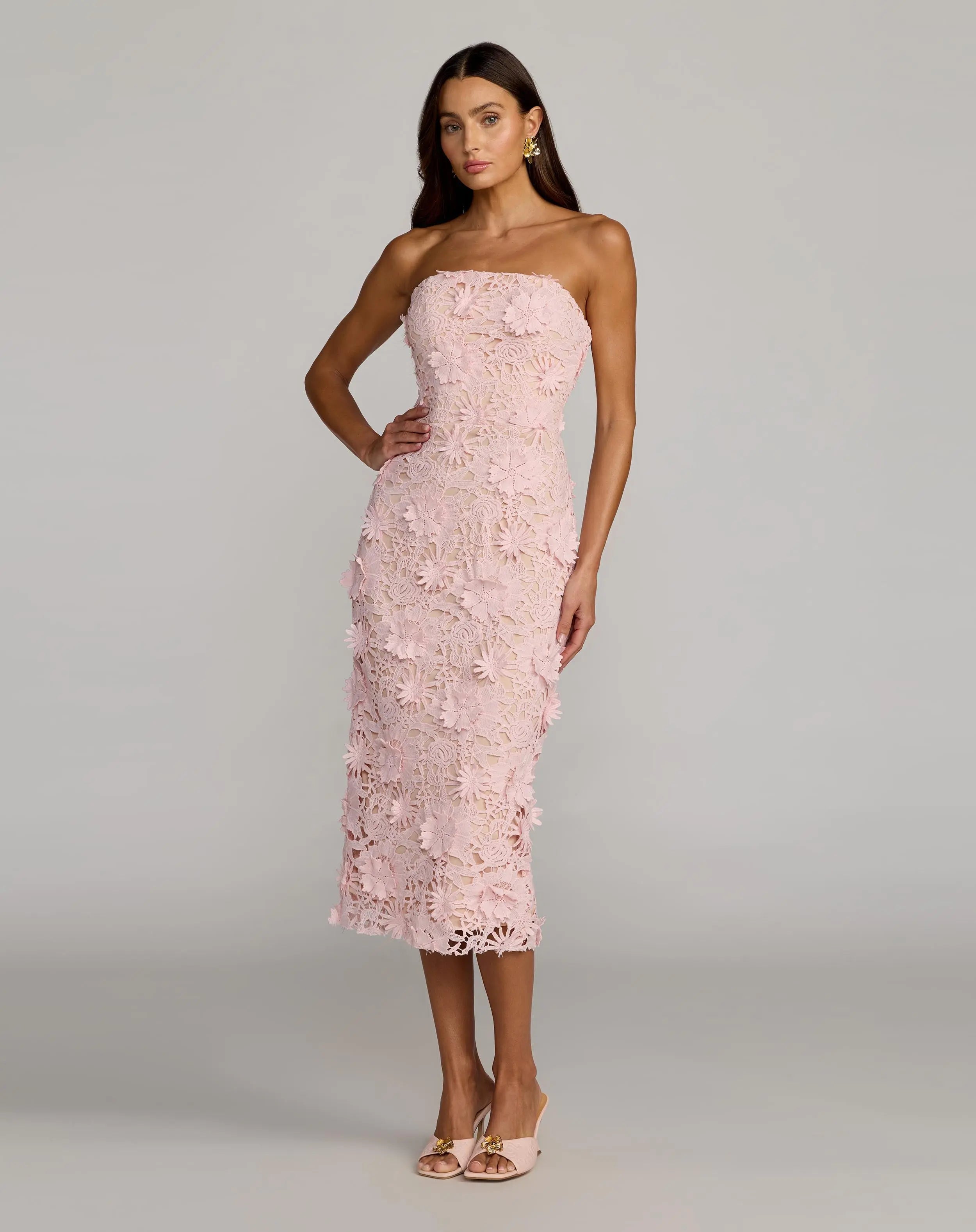 Image of Pink Strapless 3D Floral Midi Dress