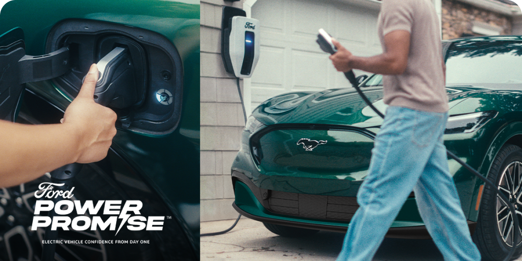 A person&rsquo;s hand on an EV charger inserted into a vehicle with the Ford Power Promise logo and the words &ldquo;electric vehicle confidence from day one&rdquo; overtop the image, and a person walking in front of Ford Mustang Mach‑E&reg; SUV while holding an EV charger