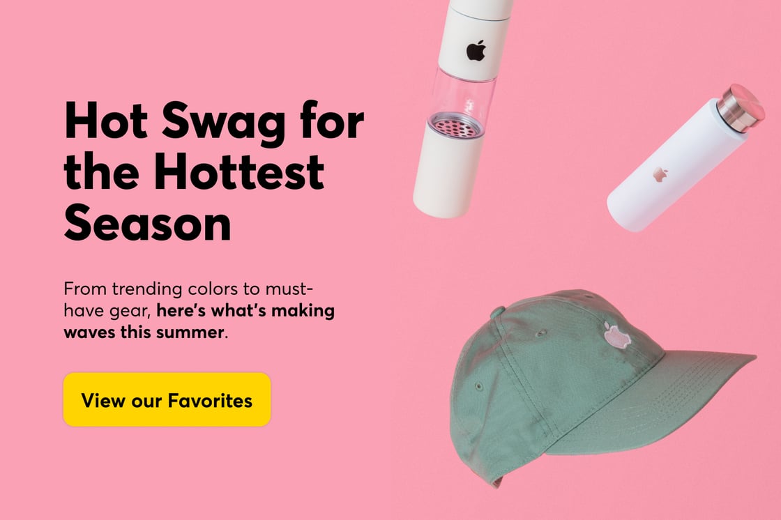 Custom hat and water bottles designed for Apple, on a pink background that says "Hot Swag for the Hottest Season."