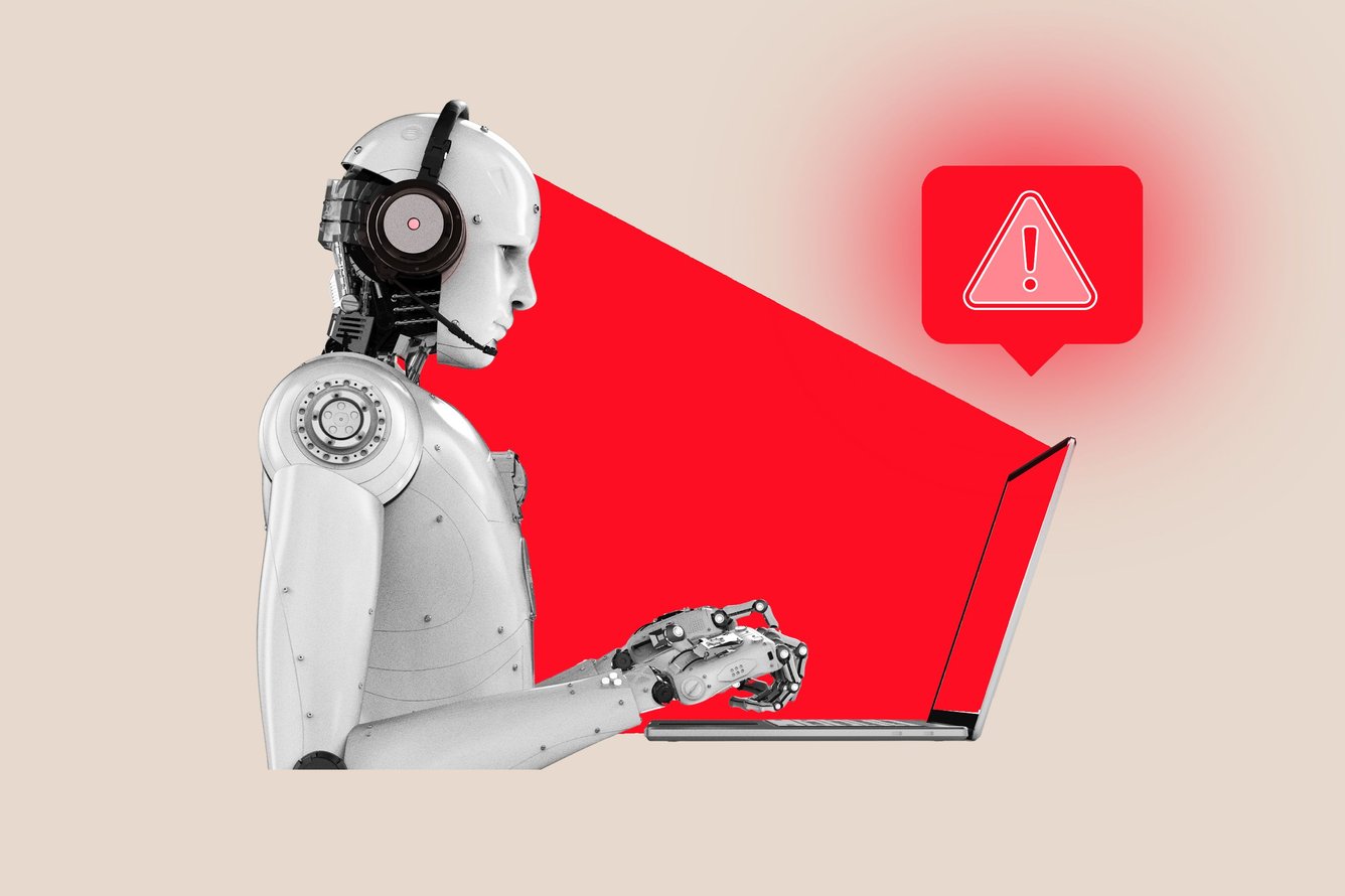 A robot Customer Service AI Assistant typing on laptop