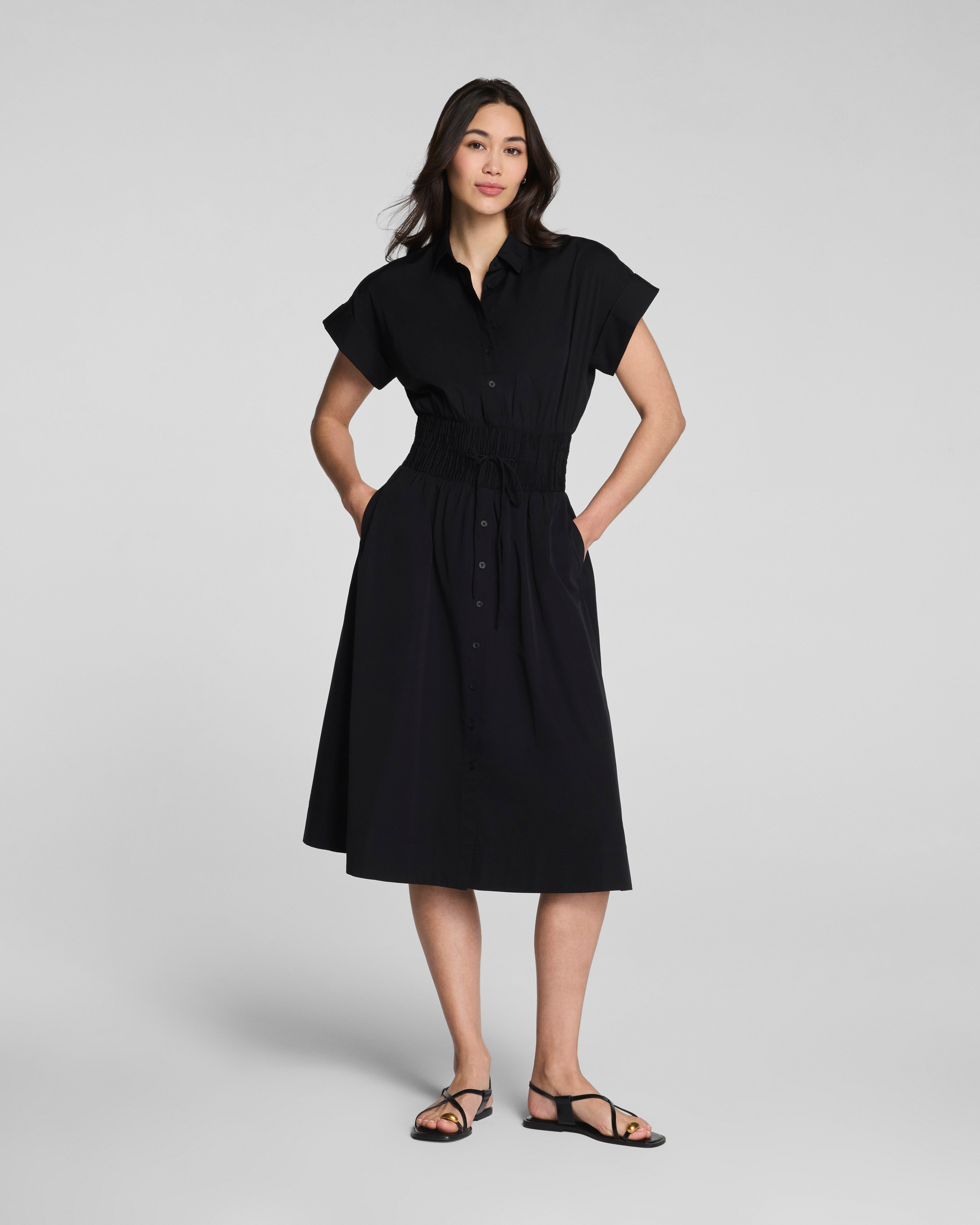 Image of Spanx Women's Poplin Smocked Midi Shirt Dress in Black