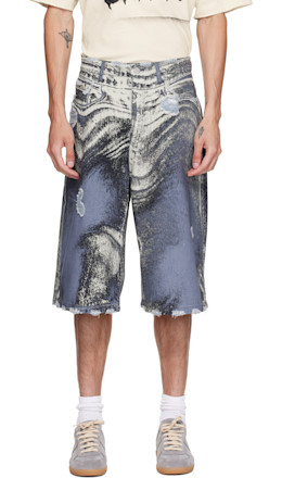 Blue Distorted Print Distressed Denim Shorts - CAMPERLAB