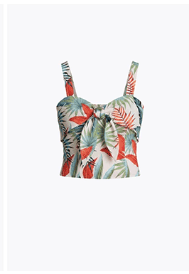 Tropical Print Linen Blend Tie Front Top