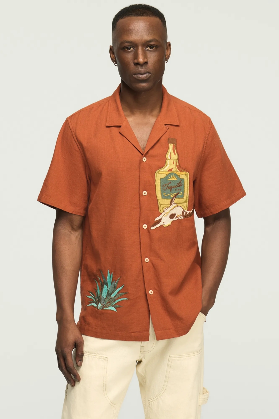 Image of Lucky Brand Short Sleeve Embroidered Camp Collar Shirt - Men's Clothing Outerwear Shirt Jackets in Ginger Bread