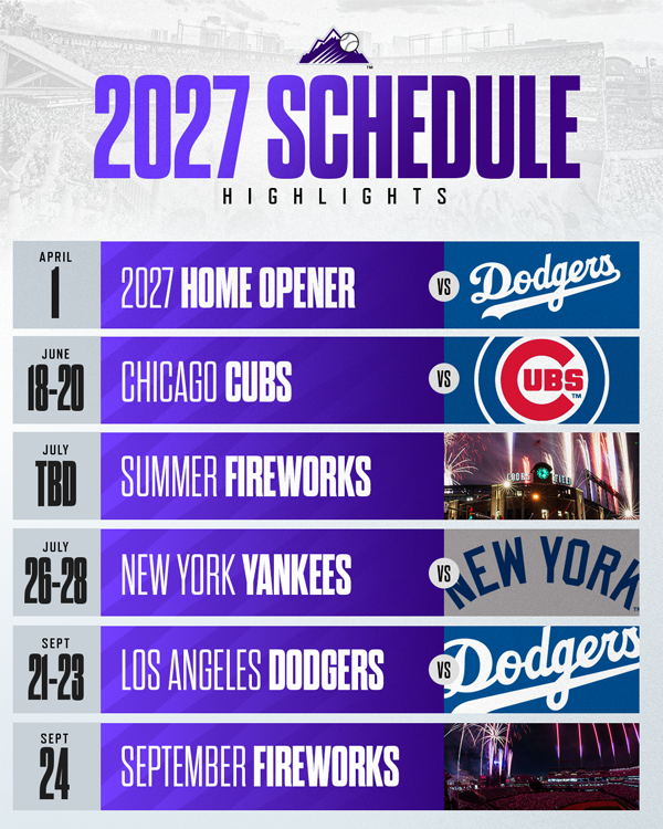  Look forward to the 2 Dodgers series, Cubs series, Yankees series, and Fireworks in 2027! Check out the 2027 schedule. 