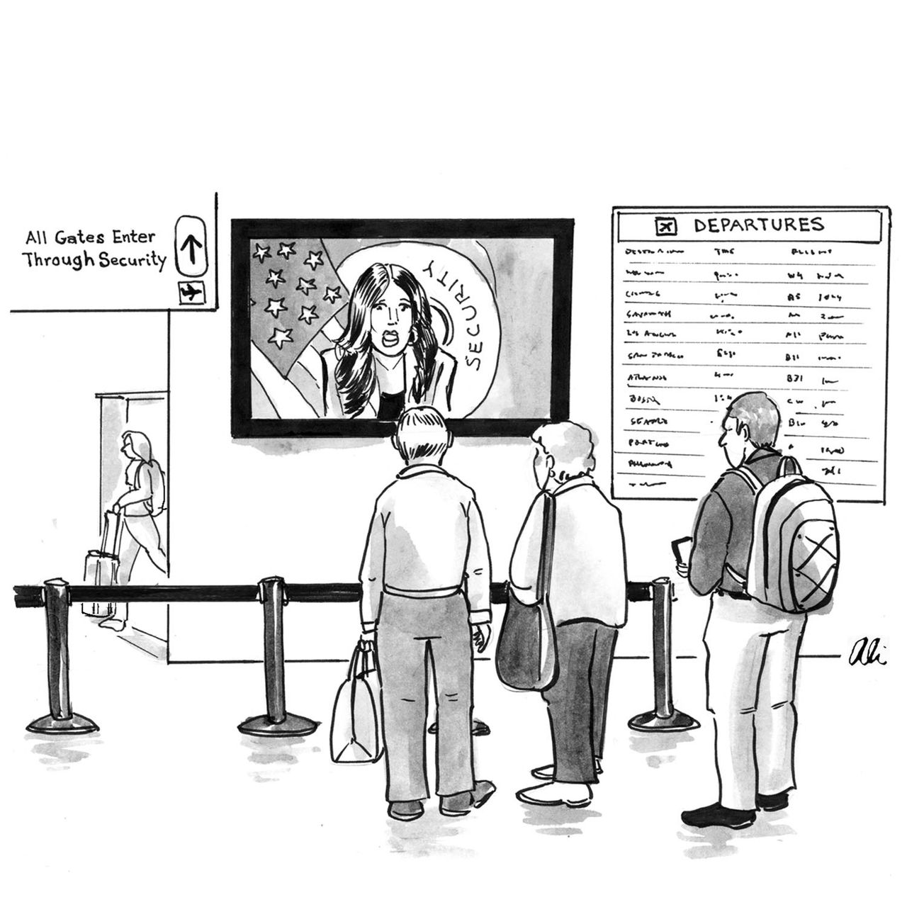 At an airport, three travellers stand in front of a television screen showing Kristi Noem.
