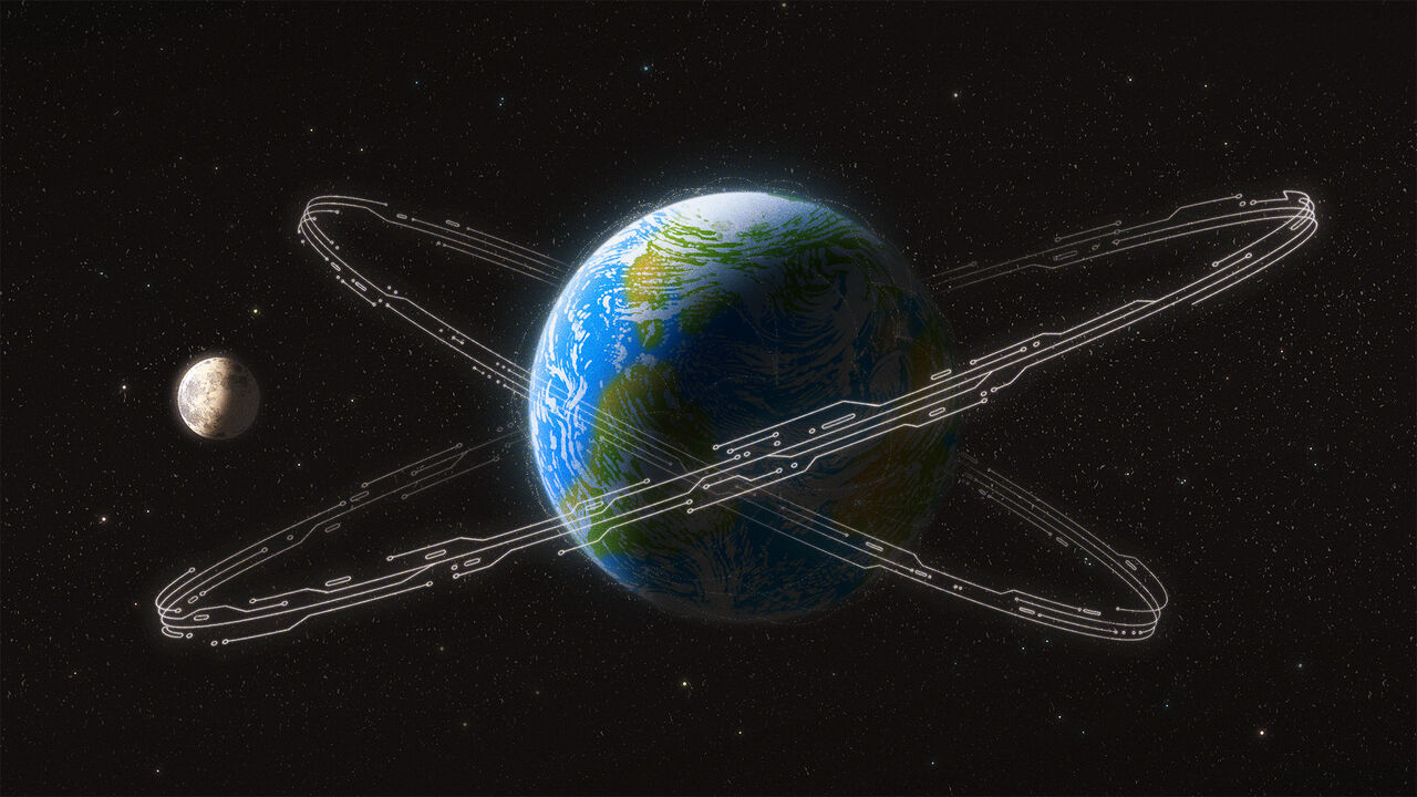 An illustration of planet earth with two rings made up of circuit board-like patterns surrounding with stars and the moon in the background.