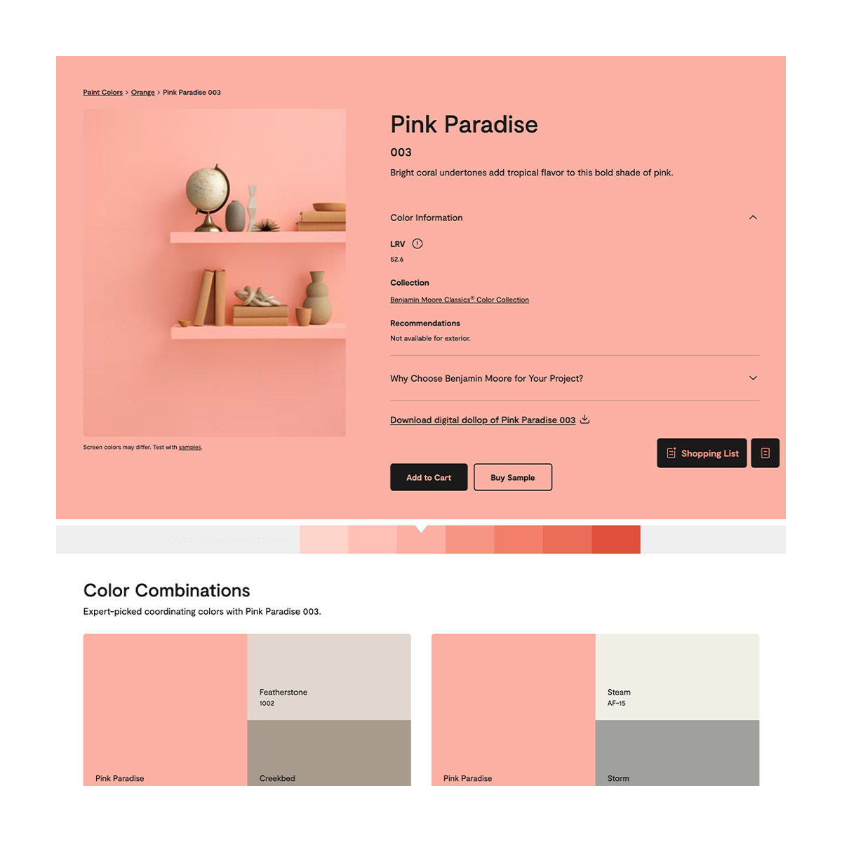 A color detail page for Benjamin Moore's Pink Paradise 003.