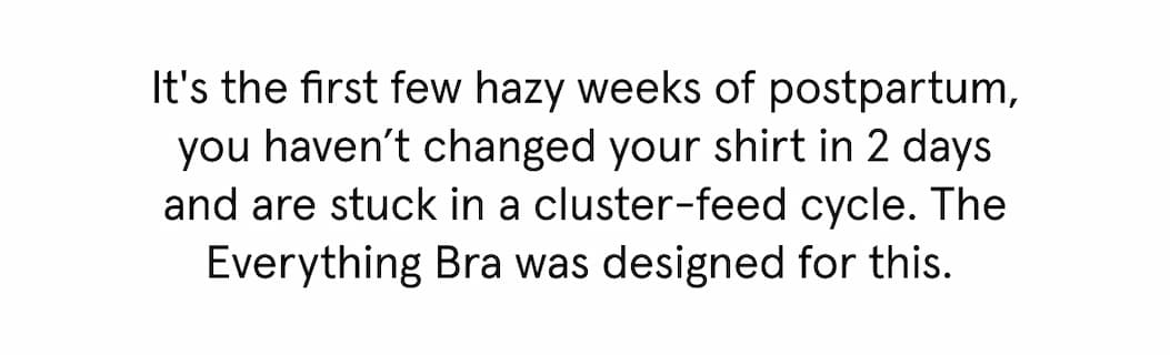 It's the first few hazy weeks of postpartum, you haven't changed your shirt in 2 days and are stuck in cluster-feed cycle. The Everything Bra was designed for this.
