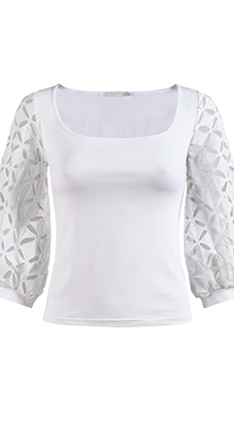 3/4 Sleeve White Pullover Top With Geometric Cutout Embellished Balloon Sleeves