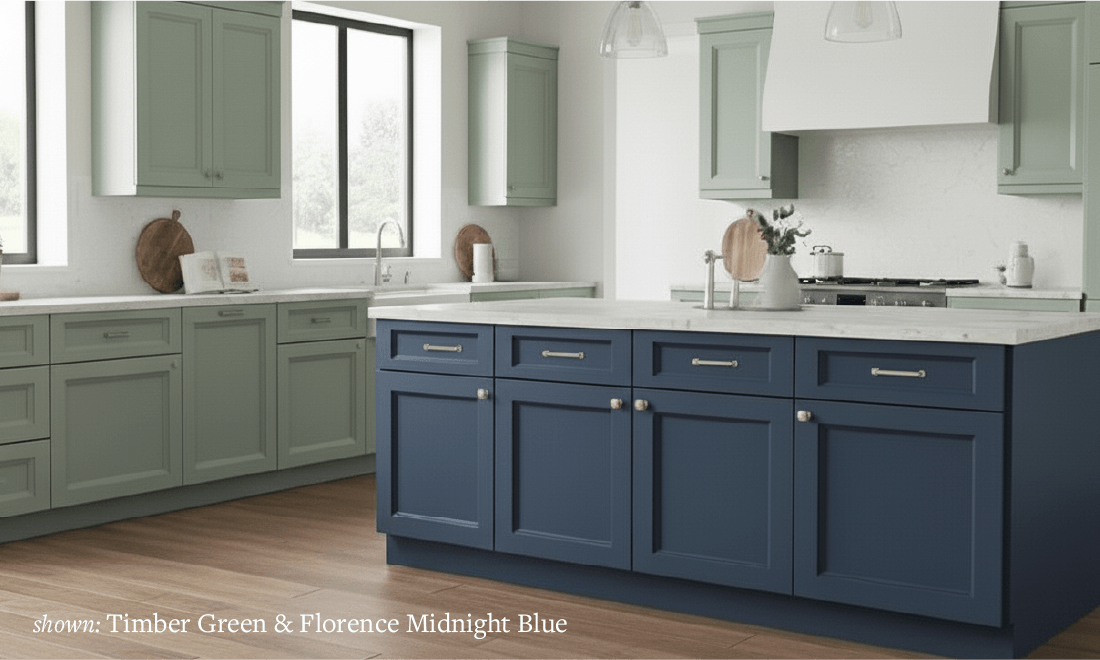Kitchen with Green and Blue Cabinets