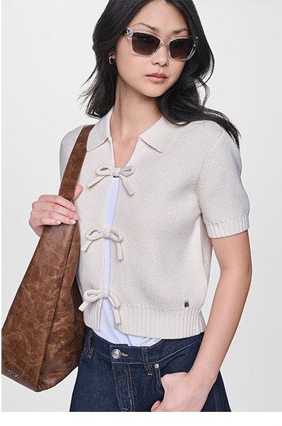SHORT SLEEVE TIE FRONT POLO SWEATER