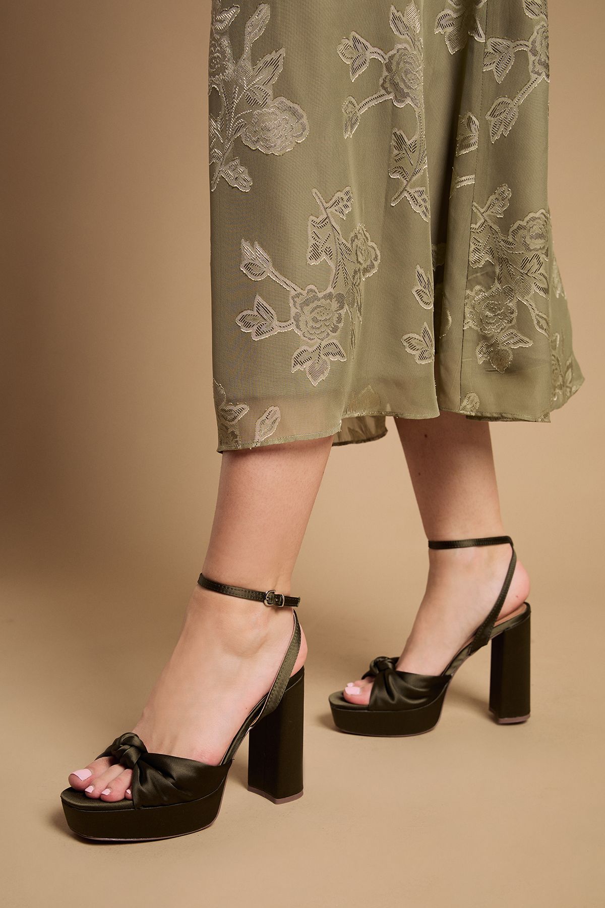 Melody Olive Satin Knotted Platform High Block Heel Sandals