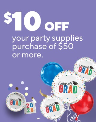 Epic parties start here
$10 off your party supplies purchase of $50 or more
Buy 2, get 1 FREE select foil balloons
Starting at $19.99 for inflated balloon bouquets
40% off custom cards, photo gifts, banners, posters & yard signs