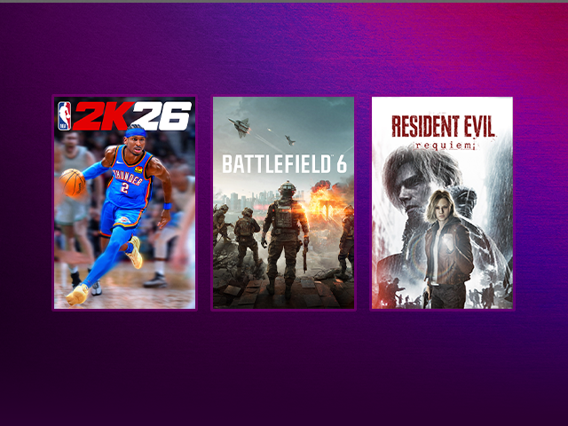 Juxtaposed box art for NBA 2K26, Battlefield 6, and Resident Evil Requiem.
