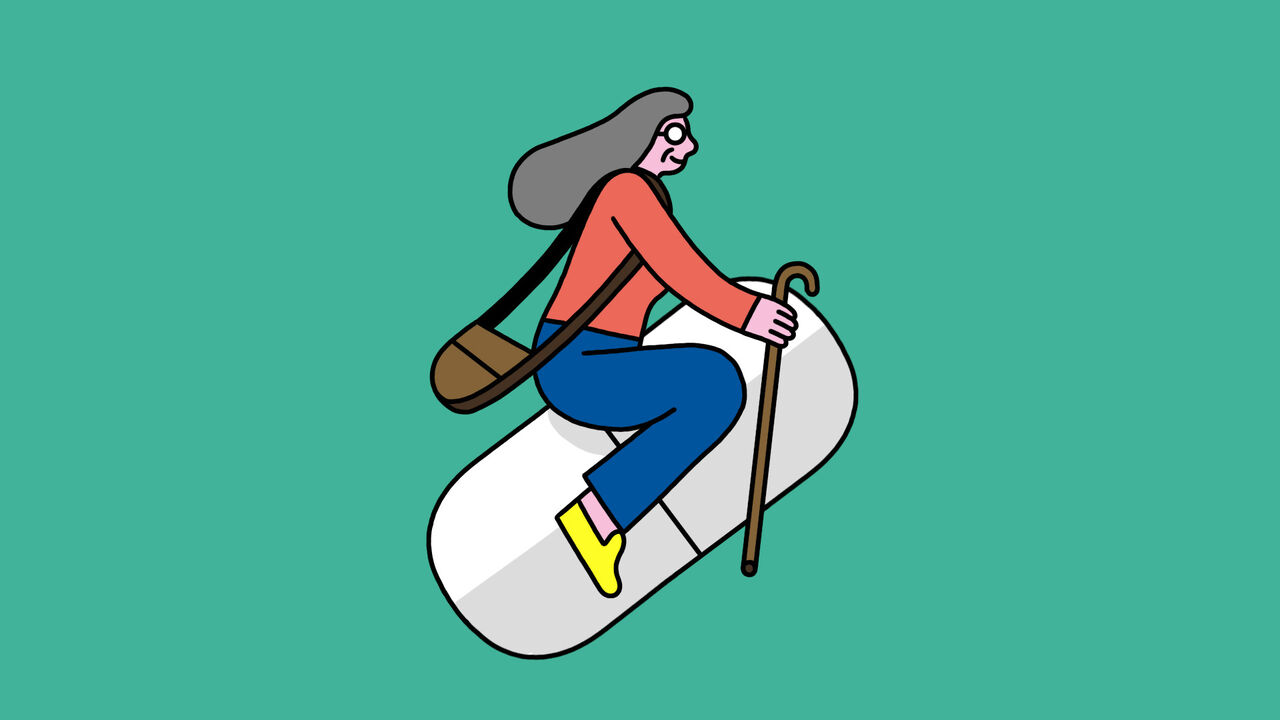 Elderly person holding a walking stick, riding a large pill travelling upwards