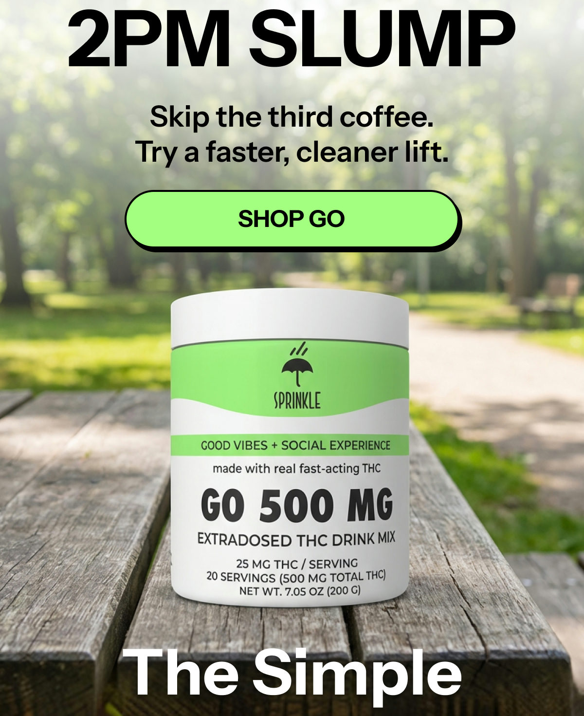 A container of THC drink mix with text about energy and a coffee alternative.