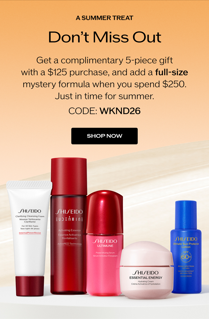 Get a complimentary 5-piece gift with a $125 purchase, and add a full-size mystery formula when you spend $250. Just in time for summer.
