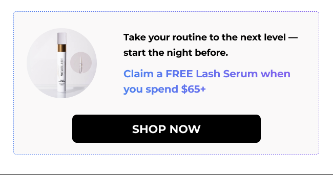 Promotional banner showing a lash serum with text offering a free lash serum when spending $65 or more, with a Shop Now button.