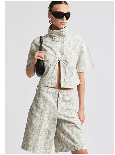 Snake Print Stretch Cotton Short Sleeve Tie Jacket
